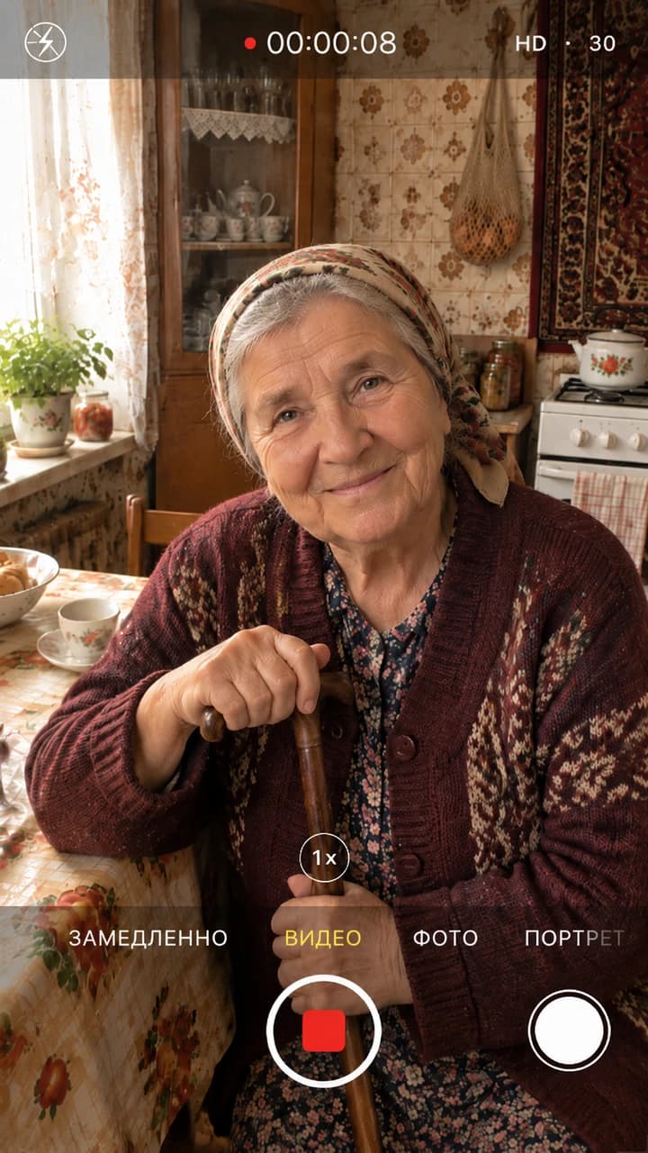 Пожилая женщина с тростью на старой кухне — иллюстрация
